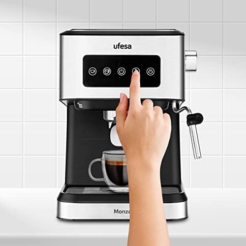 Ufesa Monza Machine à café Expresso et Cappuccino 20 Bars, Écran Tactile Digital, Vapeur Orientable, Café Moulu ou ESE à Dose Unique, Réservoir de 1,5 L, Fonction Chauffe-Tasses, 1050W, Inox