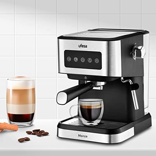 Ufesa Monza Machine à café Expresso et Cappuccino 20 Bars, Écran Tactile Digital, Vapeur Orientable, Café Moulu ou ESE à Dose Unique, Réservoir de 1,5 L, Fonction Chauffe-Tasses, 1050W, Inox