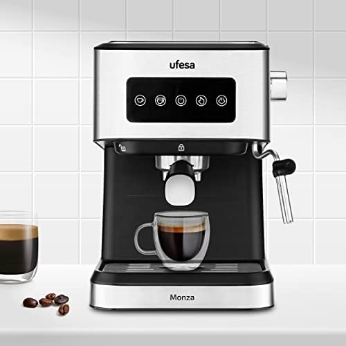 Ufesa Monza Machine à café Expresso et Cappuccino 20 Bars, Écran Tactile Digital, Vapeur Orientable, Café Moulu ou ESE à Dose Unique, Réservoir de 1,5 L, Fonction Chauffe-Tasses, 1050W, Inox