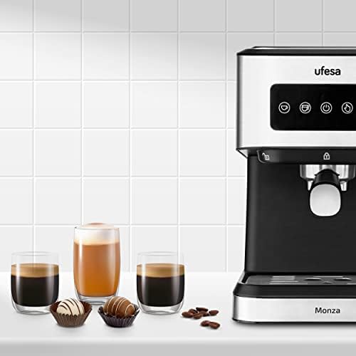 Ufesa Monza Machine à café Expresso et Cappuccino 20 Bars, Écran Tactile Digital, Vapeur Orientable, Café Moulu ou ESE à Dose Unique, Réservoir de 1,5 L, Fonction Chauffe-Tasses, 1050W, Inox
