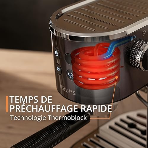 KRUPS Virtuoso+ Machine expresso à pompe, 15 bars, Thermoblock, Acier inoxydable, Buse vapeur, Arrêt automatique, Espresso et cappuccino, Qualité digne d'un barista, Buse vapeur XP444G10
