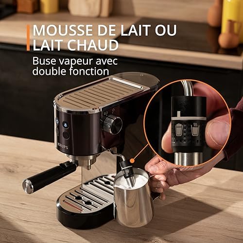 KRUPS Virtuoso+ Machine expresso à pompe, 15 bars, Thermoblock, Acier inoxydable, Buse vapeur, Arrêt automatique, Espresso et cappuccino, Qualité digne d'un barista, Buse vapeur XP444G10