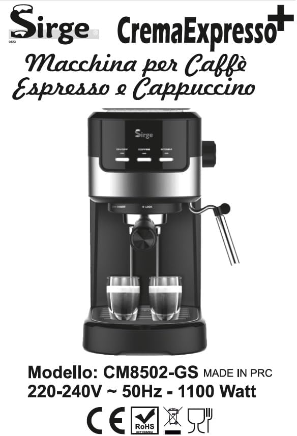 Sirge CREMAEXPRESSO+ Machine à expresso et Cappuccino avec 2 filtres, 1100 W, 15 bar [POMPA MADE IN ITALY], Réservoir d'eau 1,25 L Amovible • Buse Vapeur Cappuccino, NOIRE