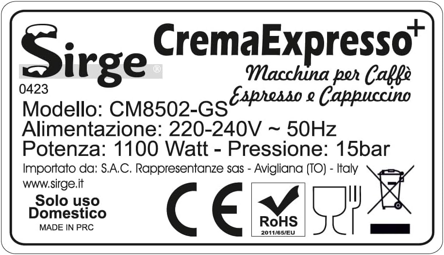 Sirge CREMAEXPRESSO+ Machine à expresso et Cappuccino avec 2 filtres, 1100 W, 15 bar [POMPA MADE IN ITALY], Réservoir d'eau 1,25 L Amovible • Buse Vapeur Cappuccino, NOIRE