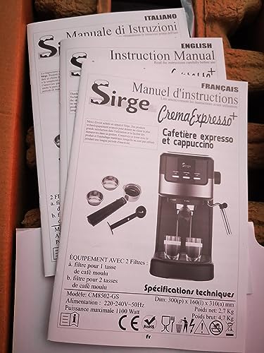 Sirge CREMAEXPRESSO+ Machine à expresso et Cappuccino avec 2 filtres, 1100 W, 15 bar [POMPA MADE IN ITALY], Réservoir d'eau 1,25 L Amovible • Buse Vapeur Cappuccino, NOIRE