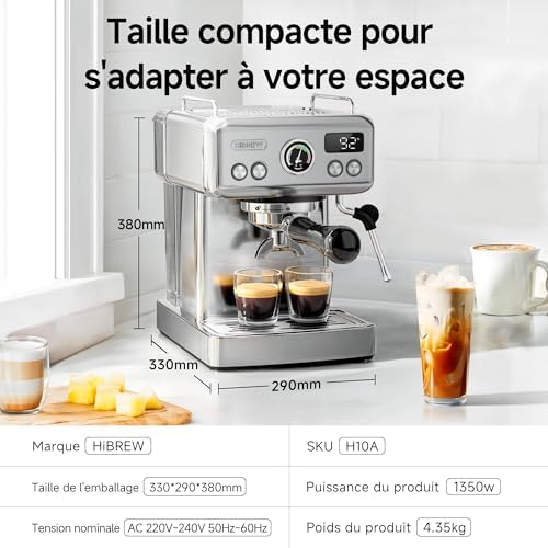 HIBREW H10A Machine a Cafe Expresso Programmable, Cafetiere Expresso en Acier Inoxydable 19 Bar avec Baguette à Vapeur, Réservoir d'eau Amovible de 1,8L