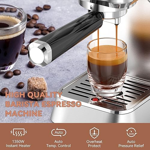 KitchenBoss Machines à Expresso Professionnelle：Machine à Café 15 bars pour la Maison, Machine à Cappuccino avec Buse Vapeur, Semi-Automatique Cafetière à Latte, Machine Expresso Acier Inoxydable