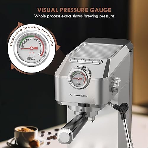 KitchenBoss Machines à Expresso Professionnelle：Machine à Café 15 bars pour la Maison, Machine à Cappuccino avec Buse Vapeur, Semi-Automatique Cafetière à Latte, Machine Expresso Acier Inoxydable