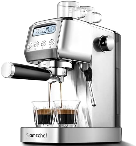 AMZCHEF Machine À Café Expresso Avec Mousseur Vapeur À Lait | Machine A Cafe Grain Avec Réservoir D'eau Amovible De 1,3 L | 1350W Cafetière 20 Bars | Écran LCD | Porte-Filtre 2 en 1 | Argent