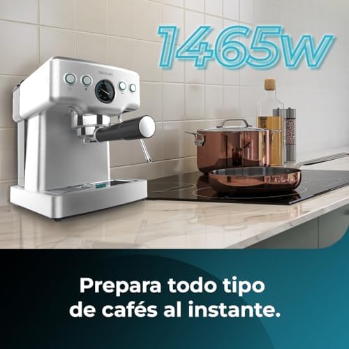 Cecotec Cafetière Express Barista Power Espresso 20 Barista Mini. 1465 W, 20 Bars, Manomètre et Thermobloc, Vaporisateur Orientable et Bras à Double Sortie, Capacité de 1,8 L