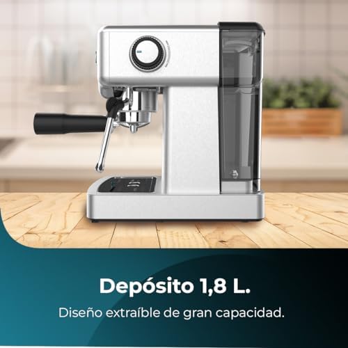 Cecotec Cafetière Express Barista Power Espresso 20 Barista Mini. 1465 W, 20 Bars, Manomètre et Thermobloc, Vaporisateur Orientable et Bras à Double Sortie, Capacité de 1,8 L