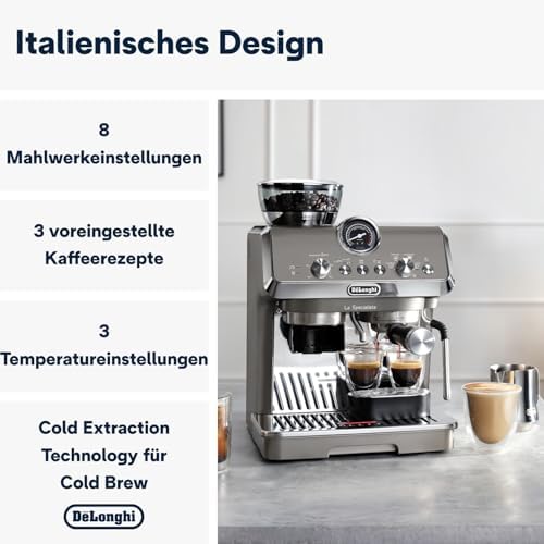 De'Longhi La Specialista Arte Evo EC9255.T Machine à expresso avec broyeur, fonction brassage à froid, 8 niveaux de mouture, 15 bars, 3 températures, buse à mousse de lait, titane avec kit barista
