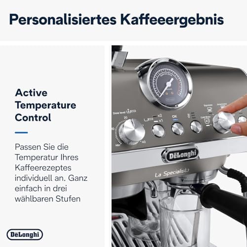 De'Longhi La Specialista Arte Evo EC9255.T Machine à expresso avec broyeur, fonction brassage à froid, 8 niveaux de mouture, 15 bars, 3 températures, buse à mousse de lait, titane avec kit barista