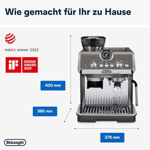 De'Longhi La Specialista Arte Evo EC9255.T Machine à expresso avec broyeur, fonction brassage à froid, 8 niveaux de mouture, 15 bars, 3 températures, buse à mousse de lait, titane avec kit barista