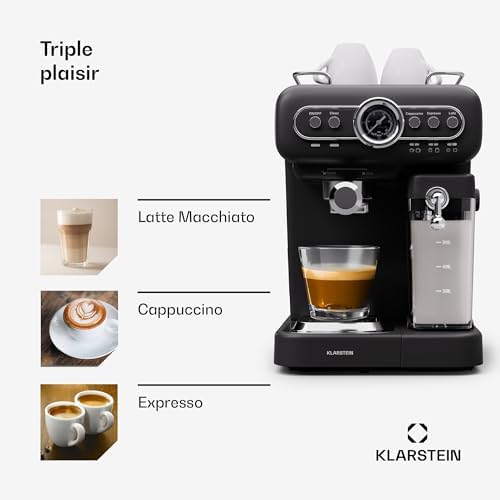Klarstein Cafetiere avec Mousseur de Lait, Cafetières, Machines à Café et Machines à Expresso 19 Bar, Cafetière Electrique Acier Inoxydable 1350W, Machine a Cafe Qualite Barista, Latte, Cappuccino