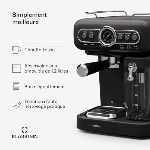 Klarstein Cafetiere avec Mousseur de Lait, Cafetières, Machines à Café et Machines à Expresso 19 Bar, Cafetière Electrique Acier Inoxydable 1350W, Machine a Cafe Qualite Barista, Latte, Cappuccino