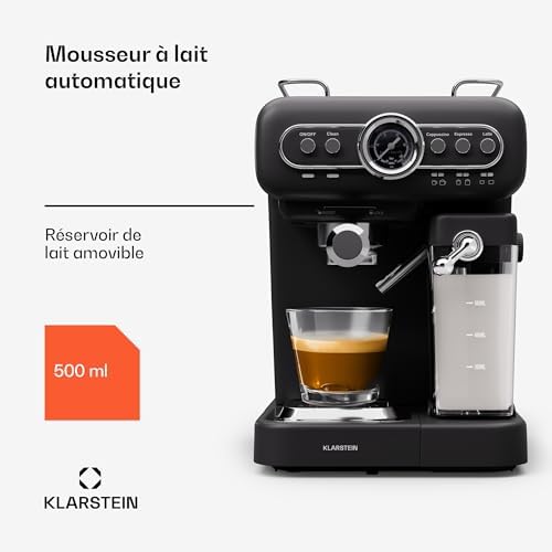 Klarstein Cafetiere avec Mousseur de Lait, Cafetières, Machines à Café et Machines à Expresso 19 Bar, Cafetière Electrique Acier Inoxydable 1350W, Machine a Cafe Qualite Barista, Latte, Cappuccino