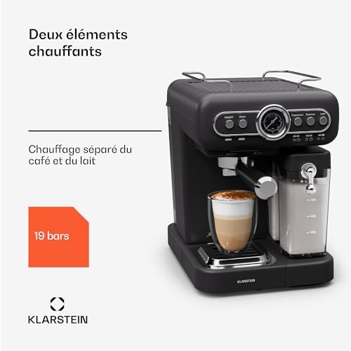 Klarstein Cafetiere avec Mousseur de Lait, Cafetières, Machines à Café et Machines à Expresso 19 Bar, Cafetière Electrique Acier Inoxydable 1350W, Machine a Cafe Qualite Barista, Latte, Cappuccino