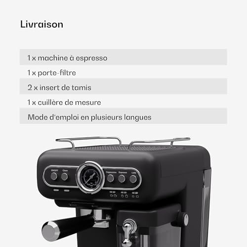 Klarstein Cafetiere avec Mousseur de Lait, Cafetières, Machines à Café et Machines à Expresso 19 Bar, Cafetière Electrique Acier Inoxydable 1350W, Machine a Cafe Qualite Barista, Latte, Cappuccino