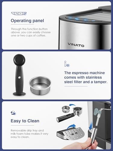 VINATO Machine à café Espresso 15 Bar, Machine à café Espresso avec Mousseur à lait Professionnel, Petite Machine à Café Espresso pour Cappuccino, Latte & Macchiato