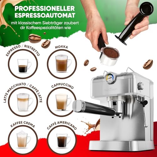 Machine à espresso ProfiCook | Machine à espresso automatique avec porte-filtre | Pompe à espresso italienne | 20 bar | Café en poudre et capsules compatibles Nespresso | Machine à café | PC ES 1267