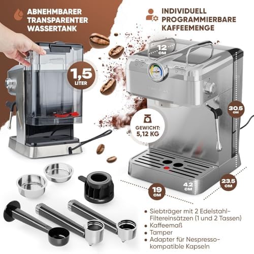 Machine à espresso ProfiCook | Machine à espresso automatique avec porte-filtre | Pompe à espresso italienne | 20 bar | Café en poudre et capsules compatibles Nespresso | Machine à café | PC ES 1267