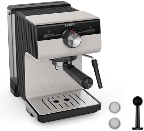 Krups Cafetière à expresso manuelle, Authentic, 15 bars de pression, mousseur à lait, réglage manuel, cuillère doseuse et compacte, réservoir de 2 l de capacité, Inox, XP381B