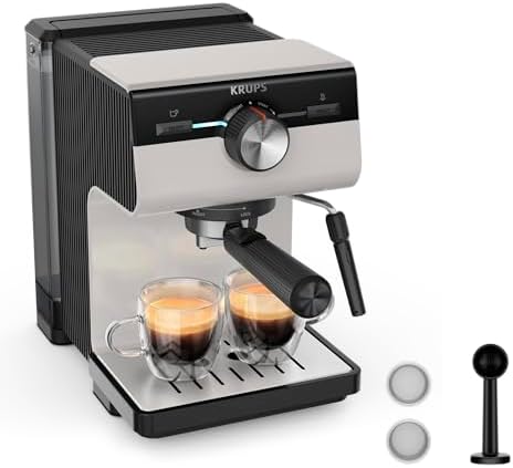 Krups Cafetière à expresso manuelle, Authentic, 15 bars de pression, mousseur à lait, réglage manuel, cuillère doseuse et compacte, réservoir de 2 l de capacité, Inox, XP381B