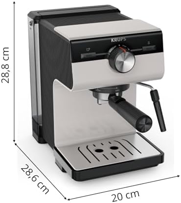 Krups Cafetière à expresso manuelle, Authentic, 15 bars de pression, mousseur à lait, réglage manuel, cuillère doseuse et compacte, réservoir de 2 l de capacité, Inox, XP381B