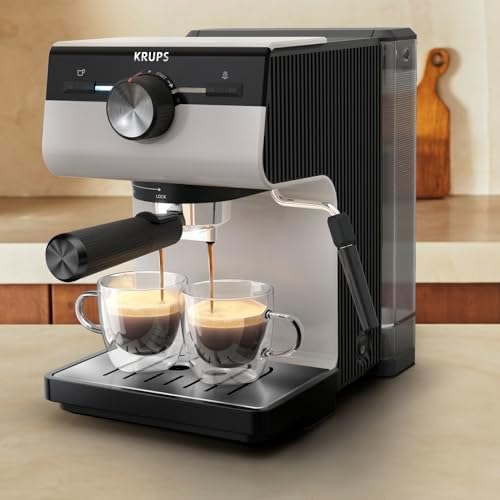 Krups Cafetière à expresso manuelle, Authentic, 15 bars de pression, mousseur à lait, réglage manuel, cuillère doseuse et compacte, réservoir de 2 l de capacité, Inox, XP381B