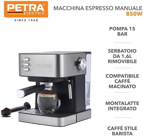 Petra Machine à Espresso Manuelle avec Mousseur à Lait – Compatible avec Café Moulu, Pompe à Pression Italienne de 15 Bars, Réservoir d'Eau Amovible de 1.6L, Inclus Porte-filtre, 850W, PT6137VDE