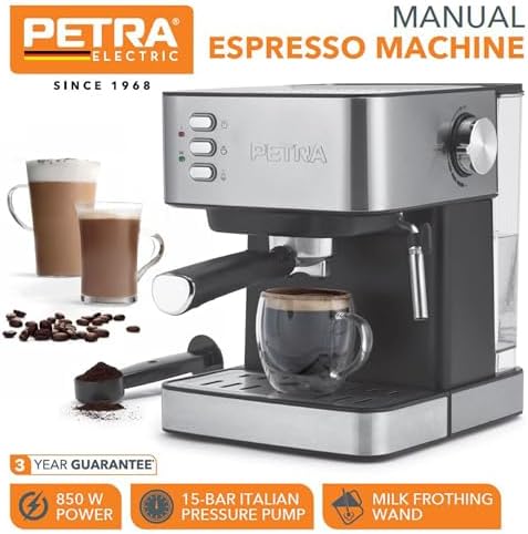 Petra Machine à Espresso Manuelle avec Mousseur à Lait – Compatible avec Café Moulu, Pompe à Pression Italienne de 15 Bars, Réservoir d'Eau Amovible de 1.6L, Inclus Porte-filtre, 850W, PT6137VDE