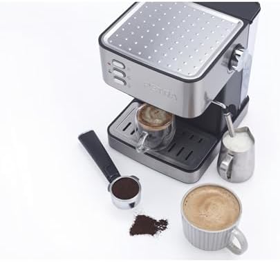 Petra Machine à Espresso Manuelle avec Mousseur à Lait – Compatible avec Café Moulu, Pompe à Pression Italienne de 15 Bars, Réservoir d'Eau Amovible de 1.6L, Inclus Porte-filtre, 850W, PT6137VDE