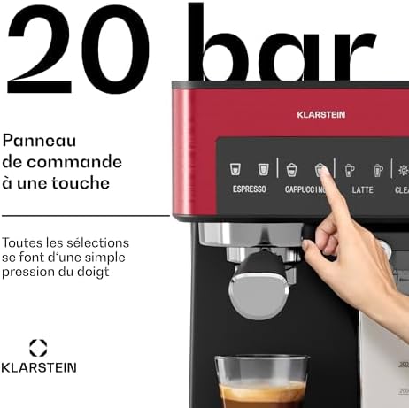 Klarstein Arabica Comfort machine à expresso – 20 bars, 1350 W, avec mousseur à lait, compatible café moulu & dosettes, réservoir 1,8 L, panneau tactile, nettoyage facile