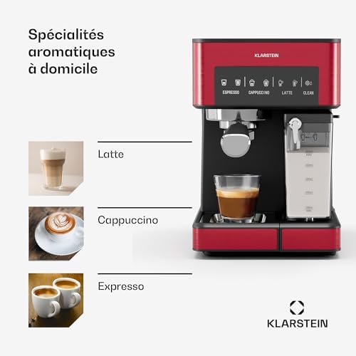 Klarstein Arabica Comfort machine à expresso – 20 bars, 1350 W, avec mousseur à lait, compatible café moulu & dosettes, réservoir 1,8 L, panneau tactile, nettoyage facile