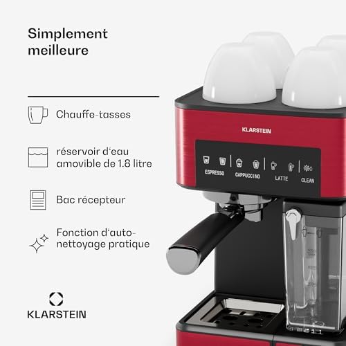 Klarstein Arabica Comfort machine à expresso – 20 bars, 1350 W, avec mousseur à lait, compatible café moulu & dosettes, réservoir 1,8 L, panneau tactile, nettoyage facile
