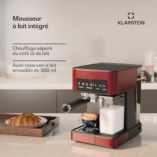 Klarstein Arabica Comfort machine à expresso – 20 bars, 1350 W, avec mousseur à lait, compatible café moulu & dosettes, réservoir 1,8 L, panneau tactile, nettoyage facile