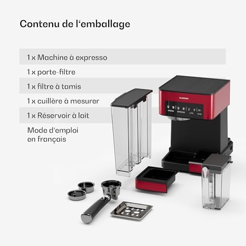 Klarstein Arabica Comfort machine à expresso – 20 bars, 1350 W, avec mousseur à lait, compatible café moulu & dosettes, réservoir 1,8 L, panneau tactile, nettoyage facile