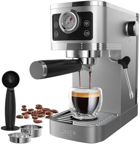 iceagle Machine à Café Expresso 20-Bar Pompe Italienne | 1350W Cafetière à Expresso Acier Inoxydable avec Mousseur à Lait, Cafetière et Machine à Cappuccino, Écran Tactile avec Manomètre, 1.3L