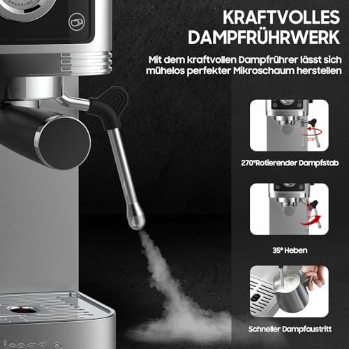 iceagle Machine à Café Expresso 20-Bar Pompe Italienne | 1350W Cafetière à Expresso Acier Inoxydable avec Mousseur à Lait, Cafetière et Machine à Cappuccino, Écran Tactile avec Manomètre, 1.3L