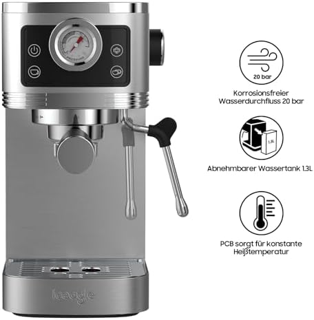iceagle Machine à Café Expresso 20-Bar Pompe Italienne | 1350W Cafetière à Expresso Acier Inoxydable avec Mousseur à Lait, Cafetière et Machine à Cappuccino, Écran Tactile avec Manomètre, 1.3L