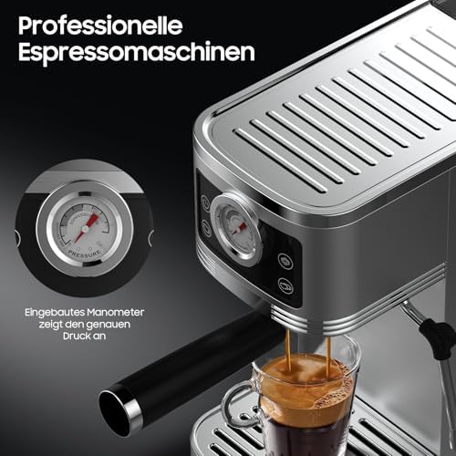 iceagle Machine à Café Expresso 20-Bar Pompe Italienne | 1350W Cafetière à Expresso Acier Inoxydable avec Mousseur à Lait, Cafetière et Machine à Cappuccino, Écran Tactile avec Manomètre, 1.3L
