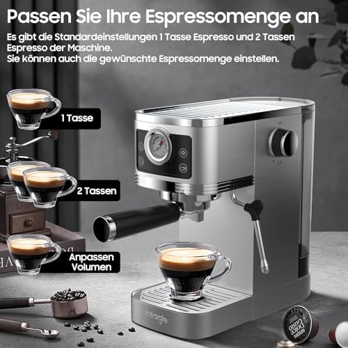 iceagle Machine à Café Expresso 20-Bar Pompe Italienne | 1350W Cafetière à Expresso Acier Inoxydable avec Mousseur à Lait, Cafetière et Machine à Cappuccino, Écran Tactile avec Manomètre, 1.3L