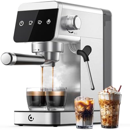 AMZCHEF Machine À Café Expresso 20 bar avec écran LED Home 2 en 1 avec réservoir amovible de 1,2 L pour cadeaux ménagers compacte en acier inoxydable 1350 W