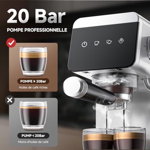 AMZCHEF Machine À Café Expresso 20 bar avec écran LED Home 2 en 1 avec réservoir amovible de 1,2 L pour cadeaux ménagers compacte en acier inoxydable 1350 W