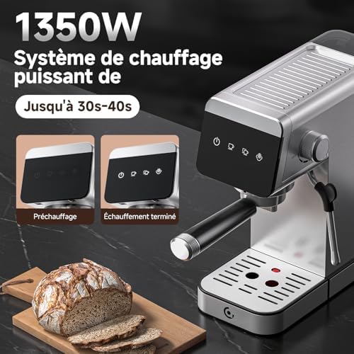 AMZCHEF Machine À Café Expresso 20 bar avec écran LED Home 2 en 1 avec réservoir amovible de 1,2 L pour cadeaux ménagers compacte en acier inoxydable 1350 W