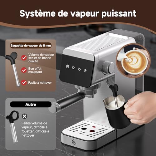 AMZCHEF Machine À Café Expresso 20 bar avec écran LED Home 2 en 1 avec réservoir amovible de 1,2 L pour cadeaux ménagers compacte en acier inoxydable 1350 W