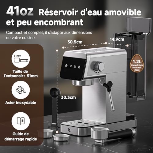 AMZCHEF Machine À Café Expresso 20 bar avec écran LED Home 2 en 1 avec réservoir amovible de 1,2 L pour cadeaux ménagers compacte en acier inoxydable 1350 W