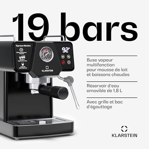 Klarstein Libeica machine à café en grains – 19 bars, 1350 W, acier inoxydable, buse vapeur, réservoir 1,8 L, panneau tactile, pour expresso & café en poudre, design élégant