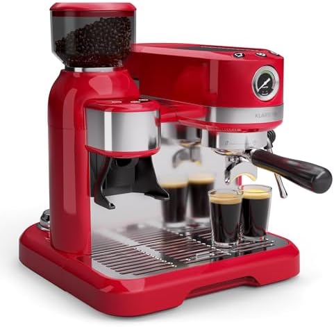 Klarstein Bella Café machine à café en grains – 19 bars, 1550 W, broyeur intégré 200 g, réservoir 1,4 L, mousseur à lait, Thermobloc, Inserts Pour 2 Tasses, rouge